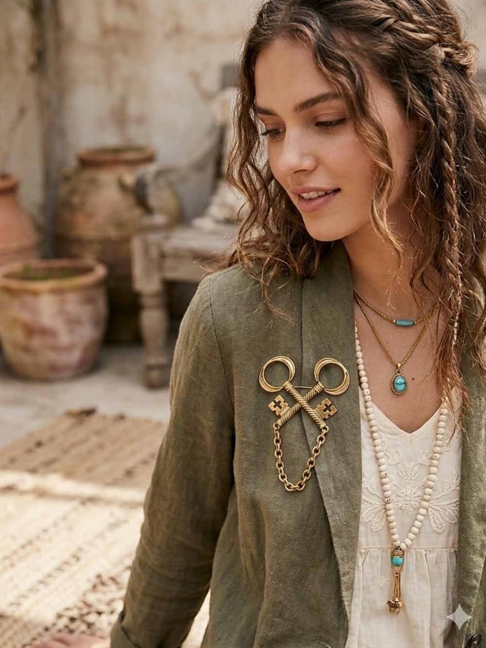 Free People Gold Tone Double Skeleton Key Brooch Chain Swag Pin NWT